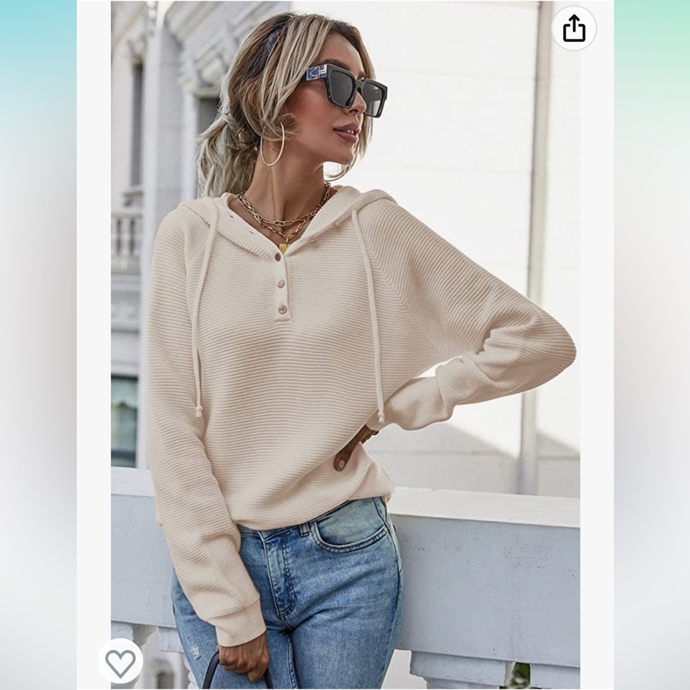 Hooded Pullover Sweater with Buttons - CREAM